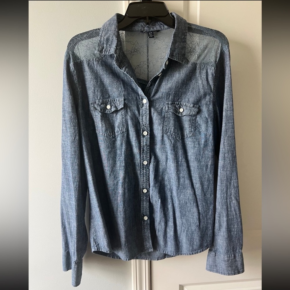American Eagle Outfitters Denim Button Down Shirt with Lace